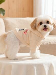 PETSIN 1pc Hooded Pet Hoodie, Embroidered Letter Dog Top, Soft And Comfortable Casual Clothes For Small Cats And Dogs In Autumn And Winter, Suitable For Daily Walks, Home, And Leisure Pet Photography - Beige - View 5
