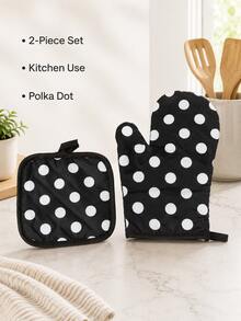 Haus Hana 1/2pcs Black Polka Dot Oven Mitts & Pot Holders, Cute Kitchen Oven Gloves And Hot Pads Set For Cooking, Baking, Microwave, Grilling, Home Kitchen Daily Use & Gift - View 4