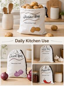 Haus Hana 1/2pcs 26x35cm Portable Canvas Vegetable Storage Bag, Drawstring Potato Onion Pepper Print Produce Organizer With Non-Woven Lining, Simple Farmhouse Pantry Sack For Kitchen, Home, Camping, Grocery, Daily Use & Gift - View 9