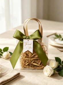 5/10pcs Premium Frosted Gift Bag, Thickened Hand-Held Bag, Including Satin Ribbon And 'Thank You' Tag, Lavender Design Valentine Day - Green - View 6