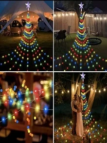 Solar Weihnachtsdekoration Lichter, 200/290 LED Wasserfall Lichterkette mit Stern Baumspitze, 8 Modi IP65 wasserdicht für Innen- und Außenbereich - für Garten, Party, Zuhause, Feiertage (Warmweiß/Mehrfarbig) - Solar Led String Light - Übersicht 9