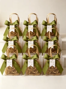 5/10pcs Premium Frosted Gift Bag, Thickened Hand-Held Bag, Including Satin Ribbon And 'Thank You' Tag, Lavender Design Valentine Day - Green - View 5