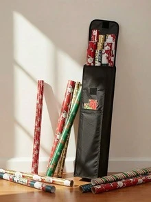 1 Large-Capacity Black Christmas Gift Packaging Bag, PVC Waterproof Wrapping Paper Storage Bag, With Handle, Easy-To-Carry Tubular Container. - Black - View 1
