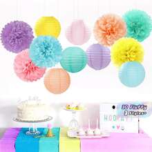 Pastel Rainbow Party Decorations, 15PCS Macaron Tissue Pom Poms & Paper Lanterns, Colorful Hanging Supplies For Birthday, Baby Shower, Classroom & Carnival Themed Parties - View 1