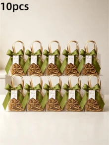 5/10pcs Premium Frosted Gift Bag, Thickened Hand-Held Bag, Including Satin Ribbon And 'Thank You' Tag, Lavender Design Valentine Day - Green - View 11