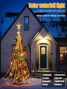 Solar Weihnachtsdekoration Lichter, 200/290 LED Wasserfall Lichterkette mit Stern Baumspitze, 8 Modi IP65 wasserdicht für Innen- und Außenbereich - für Garten, Party, Zuhause, Feiertage (Warmweiß/Mehrfarbig) - Solar Led String Light - Übersicht 7