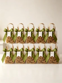 5/10pcs Premium Frosted Gift Bag, Thickened Hand-Held Bag, Including Satin Ribbon And 'Thank You' Tag, Lavender Design Valentine Day - Green - View 7