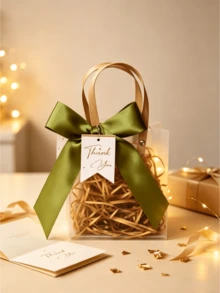 5/10pcs Premium Frosted Gift Bag, Thickened Hand-Held Bag, Including Satin Ribbon And 'Thank You' Tag, Lavender Design Valentine Day - Green - View 4