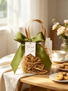 5/10pcs Premium Frosted Gift Bag, Thickened Hand-Held Bag, Including Satin Ribbon And 'Thank You' Tag, Lavender Design Valentine Day - Green - View 9