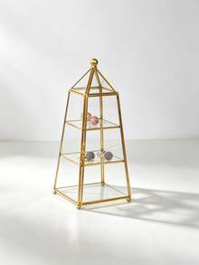 Organizador de exhibición de joyas de varios niveles con marco de pirámide de vidrio de cobre dorado, caja de almacenamiento de joyas de escritorio de estilo europeo vintage, posavasos de vidrio cuadrado con relieve y borde de cobre dorado, tapete decorativo antideslizante para adorno de mesa de comedor. - Oro - Ver 7