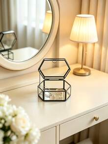 Luxury Black Polygon Glass Jewelry Display Box For Desktop Decor, Retro European Hex Embossed Glass Coasters With Golden Brass Edging, Anti-Slip Dining Table Ornament Mats. - black - View 9