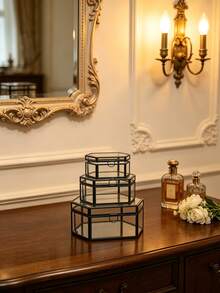 Luxury Black Polygon Glass Jewelry Display Box For Desktop Decor, Retro European Hex Embossed Glass Coasters With Golden Brass Edging, Anti-Slip Dining Table Ornament Mats. - black - View 7