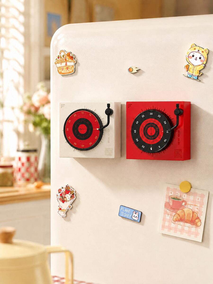 Zazumi 1Pc Mechanical Magnetic Timer, White/Red Record Player Shaped Timer, Kitchen Timing Reminder, Cooking Alarm Clock For Student Time Management - Multicolor - View 1