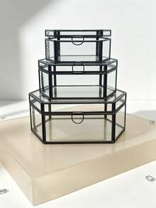 Luxury Black Polygon Glass Jewelry Display Box For Desktop Decor, Retro European Hex Embossed Glass Coasters With Golden Brass Edging, Anti-Slip Dining Table Ornament Mats. - black - View 10