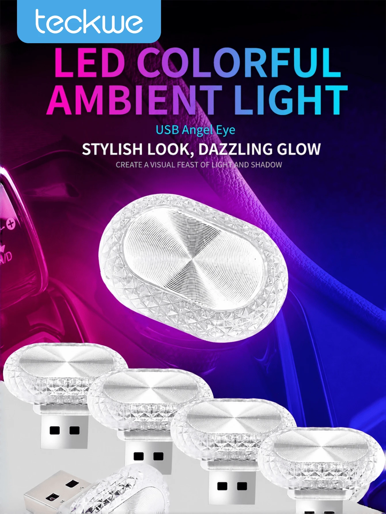 Teckwe 1 Oval USB Car Ambient Light, Mini LED Ambient Light, Car Interior Decorative Light, Home & Car Accessories.