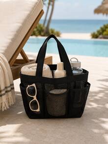 Zazumi 1pc Matte Black Mesh Shower Caddy Tote With Multi Separate Outer Pocket Compartments For Home Bathroom Organization Featuring Quick-Drain Breathable Grid Mesh Structure As Practical Storage Solution For Urban Career Women & Travel Enthusiasts - Multicolor - View 5