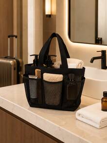 Zazumi 1pc Matte Black Mesh Shower Caddy Tote With Multi Separate Outer Pocket Compartments For Home Bathroom Organization Featuring Quick-Drain Breathable Grid Mesh Structure As Practical Storage Solution For Urban Career Women & Travel Enthusiasts - Multicolor - View 2