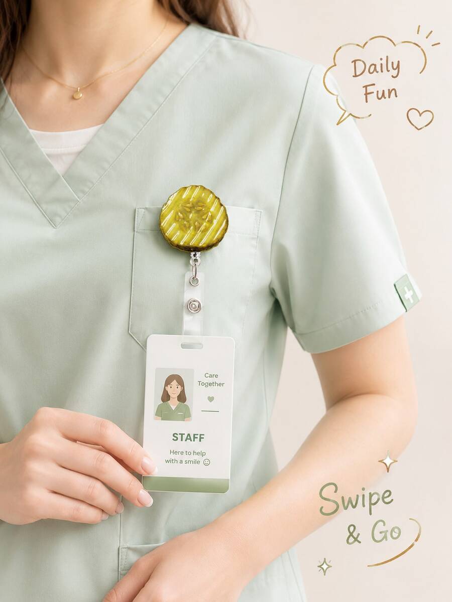 superFUNNYmarket 1/2pcs Funny Pickle Retractable Badge Reel, Cute Pickle Slice ID Badge Holder With Clip, Portable Name Tag Card Reel For Nurse, Teacher, Office Worker, Student, Work Badge & Daily Use - multicolor - View 1