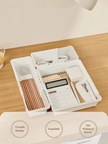 Madebyblanc 1 pieza Caja de almacenamiento retráctil para el hogar con divisor incorporado, compartimento para cubiertos, organizador de cosméticos, artículos del hogar, ahorro de espacio, útiles escolares, temporada de vuelta al colegio - Gris + blanco - Ver 1