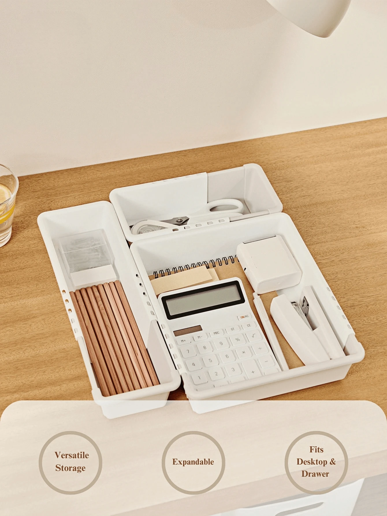 Madebyblanc 1 pieza Caja de almacenamiento retráctil para el hogar con divisor incorporado, compartimento para cubiertos, organizador de cosméticos, artículos del hogar, ahorro de espacio, útiles escolares, temporada de vuelta al colegio - Gris + blanco - Ver 1
