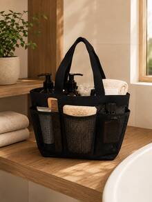 Zazumi 1pc Matte Black Mesh Shower Caddy Tote With Multi Separate Outer Pocket Compartments For Home Bathroom Organization Featuring Quick-Drain Breathable Grid Mesh Structure As Practical Storage Solution For Urban Career Women & Travel Enthusiasts - Multicolor - View 3
