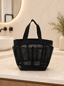 Zazumi 1pc Matte Black Mesh Shower Caddy Tote With Multi Separate Outer Pocket Compartments For Home Bathroom Organization Featuring Quick-Drain Breathable Grid Mesh Structure As Practical Storage Solution For Urban Career Women & Travel Enthusiasts - Multicolor - View 7