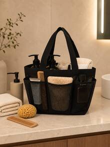 Zazumi 1pc Matte Black Mesh Shower Caddy Tote With Multi Separate Outer Pocket Compartments For Home Bathroom Organization Featuring Quick-Drain Breathable Grid Mesh Structure As Practical Storage Solution For Urban Career Women & Travel Enthusiasts - Multicolor - View 6