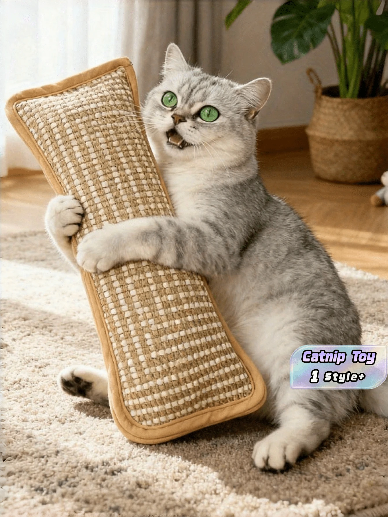 Sisal Cat Scratcher Board With Catnip Pillow Toy, Interactive Scratch Mat For Self-Entertainment, Durable Dental Chew Toy For Healthy Teeth & Happy Cats - Multicolor - View 1