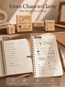 Cirelle 1pc Life Record Wooden Stamps, Daily Journal Decor DIY Stamp Set For Planner, Scrapbooking, Habit Tracker, Calendar Journaling, Card Making, Journalers - multicolor - View 5