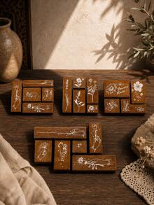 Cirelle 6 Pcs Round & Square Blessing Stamp, Wooden Vintage Pattern Lace Stamp, Valentine's Day Blessing Words Series Stamp For Scrapbook, Photo Album And Diary - multicolor - View 2