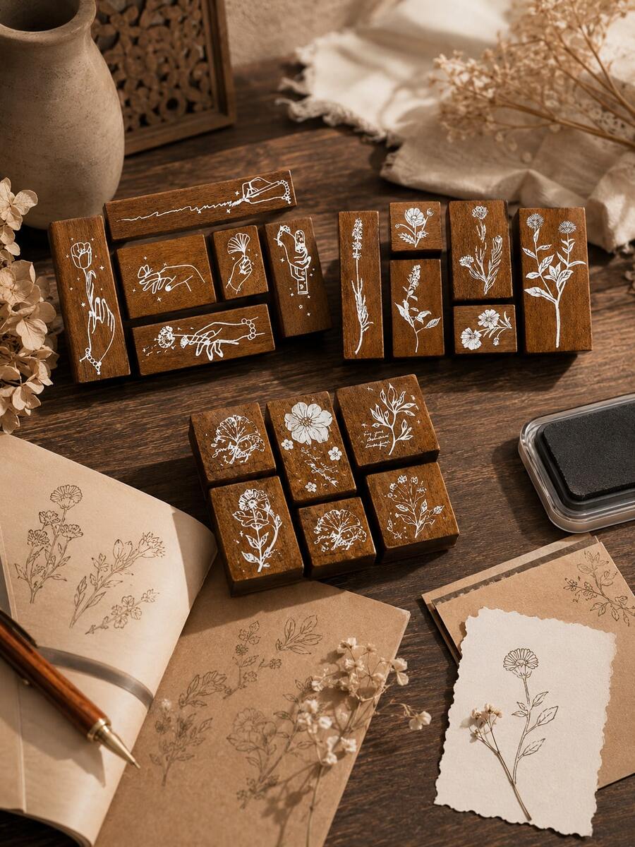Cirelle 6 Pcs Round & Square Blessing Stamp, Wooden Vintage Pattern Lace Stamp, Valentine's Day Blessing Words Series Stamp For Scrapbook, Photo Album And Diary - multicolor - View 1
