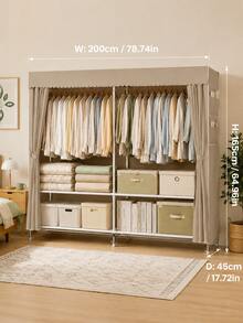 A Portable And Simple Wardrobe For Home Bedrooms, Equipped With A Hanging Area And Multi-Layer Storage Racks. The Top Is Designed For Storage, And The Steel Pipe Frame Is Durable And Stable. It Is An Essential Storage Cabinet For Organizing Clothes - Multicolor - View 9