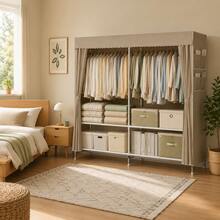 A Portable And Simple Wardrobe For Home Bedrooms, Equipped With A Hanging Area And Multi-Layer Storage Racks. The Top Is Designed For Storage, And The Steel Pipe Frame Is Durable And Stable. It Is An Essential Storage Cabinet For Organizing Clothes - Multicolor - View 1