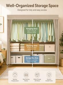 A Portable And Simple Wardrobe For Home Bedrooms, Equipped With A Hanging Area And Multi-Layer Storage Racks. The Top Is Designed For Storage, And The Steel Pipe Frame Is Durable And Stable. It Is An Essential Storage Cabinet For Organizing Clothes - Multicolor - View 2