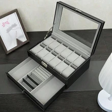 FEILIYA Uten 12 Slot Watch Box With Drawer, Men's Watch Display Case With Glass Cover, Double Layer Jewelry And Watch Storage Box, Unisex, Black,Room Decor - Black - View 1