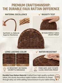 1Pc PE Rattan Woven Napkin Holder With Salt & Pepper Shaker Rack, Hand Woven Kitchen Condiment Bottle Desktop Organizer, Stylish Tabletop Tissue Caddy For Dining Table Decor - Multicolor - View 2