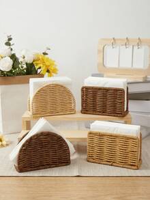 1Pc PE Rattan Woven Napkin Holder With Salt & Pepper Shaker Rack, Hand Woven Kitchen Condiment Bottle Desktop Organizer, Stylish Tabletop Tissue Caddy For Dining Table Decor - Multicolor - View 3