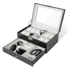 FEILIYA Uten 12 Slot Watch Box With Drawer, Men's Watch Display Case With Glass Cover, Double Layer Jewelry And Watch Storage Box, Unisex, Black,Room Decor - Black - View 2