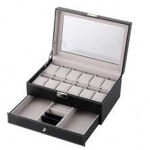 FEILIYA Uten 12 Slot Watch Box With Drawer, Men's Watch Display Case With Glass Cover, Double Layer Jewelry And Watch Storage Box, Unisex, Black,Room Decor - Black - View 5