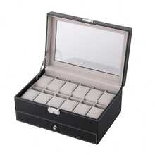 FEILIYA Uten 12 Slot Watch Box With Drawer, Men's Watch Display Case With Glass Cover, Double Layer Jewelry And Watch Storage Box, Unisex, Black,Room Decor - Black - View 8