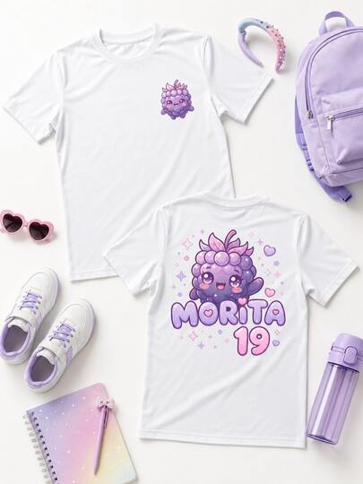 Playera para Niña Pequeña con Diseño de Morita Kawaii y Número 19, Manga Corta