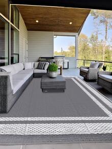 1PC LARGE REVERSIBLE PORTABLE WATERPROOF PLASTIC GRASS WOVEN NON SLIP DURABLE RUG WITH CARRY BAG AND 4 STAKES FOR RV PATIO DECK PORCH BALCONY CAMPING TRAVEL FAMILY PICNIC DECOR - Grey - View 3