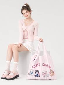 ROMWE Goth Cute Cat Pink And White Striped Bow Shoulder Bag Handbag Portable Shopping Bag - Pink White - View 2
