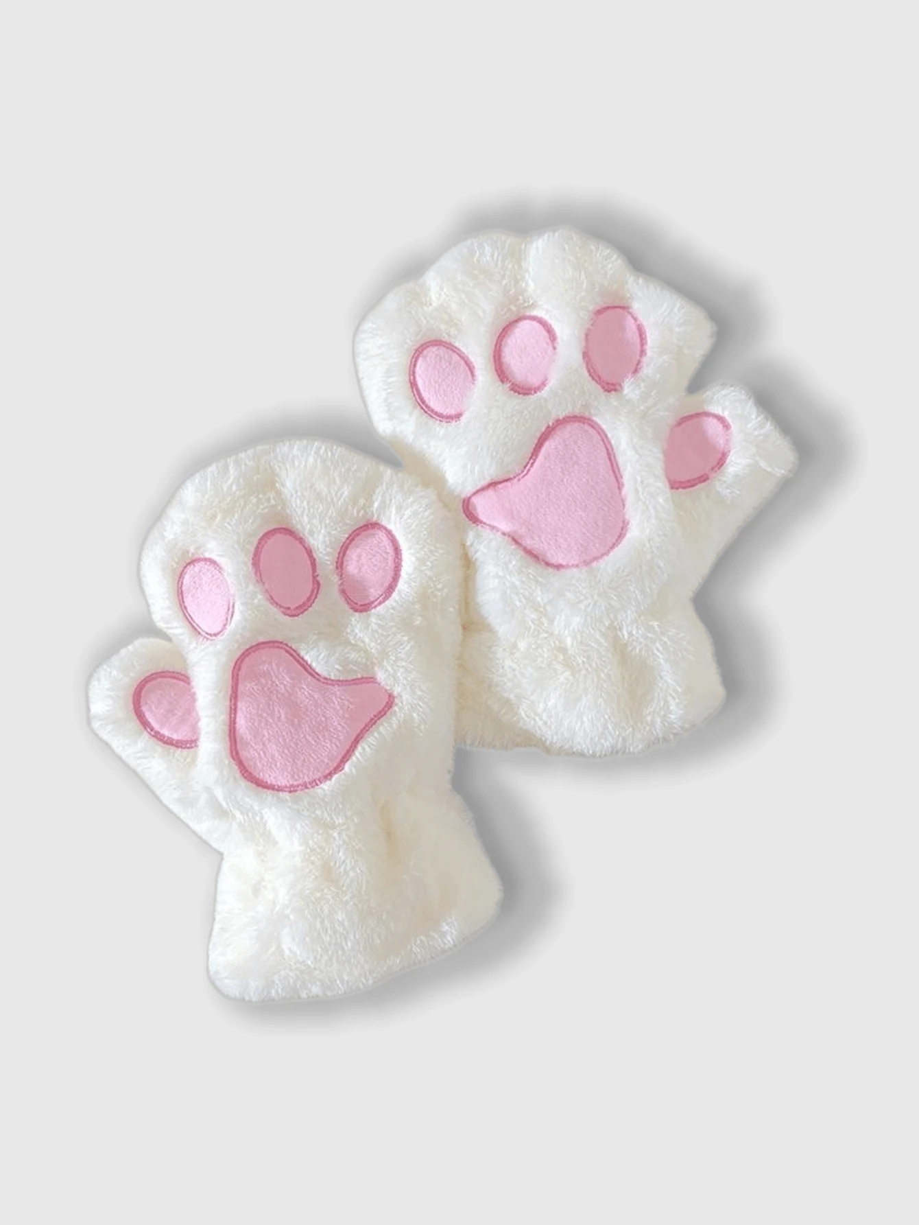 ROMWE Kawaii 可爱卡通猫爪刺绣露指手套,温暖毛绒半指手套,适合角色扮演、秋冬户外休闲使用 - 白色 - 查看 1