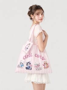 ROMWE Goth Cute Cat Pink And White Striped Bow Shoulder Bag Handbag Portable Shopping Bag - Pink White - View 3