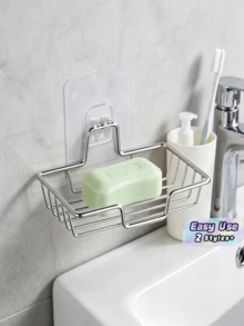 1Pc Wall Mounted Soap Rack No Punch Drainable Soap Dish Holder Anti Rust Soap Storage Organizer For Bathroom Sink Shower Kitchen Laundry Room Home Supplies - silver - View 1