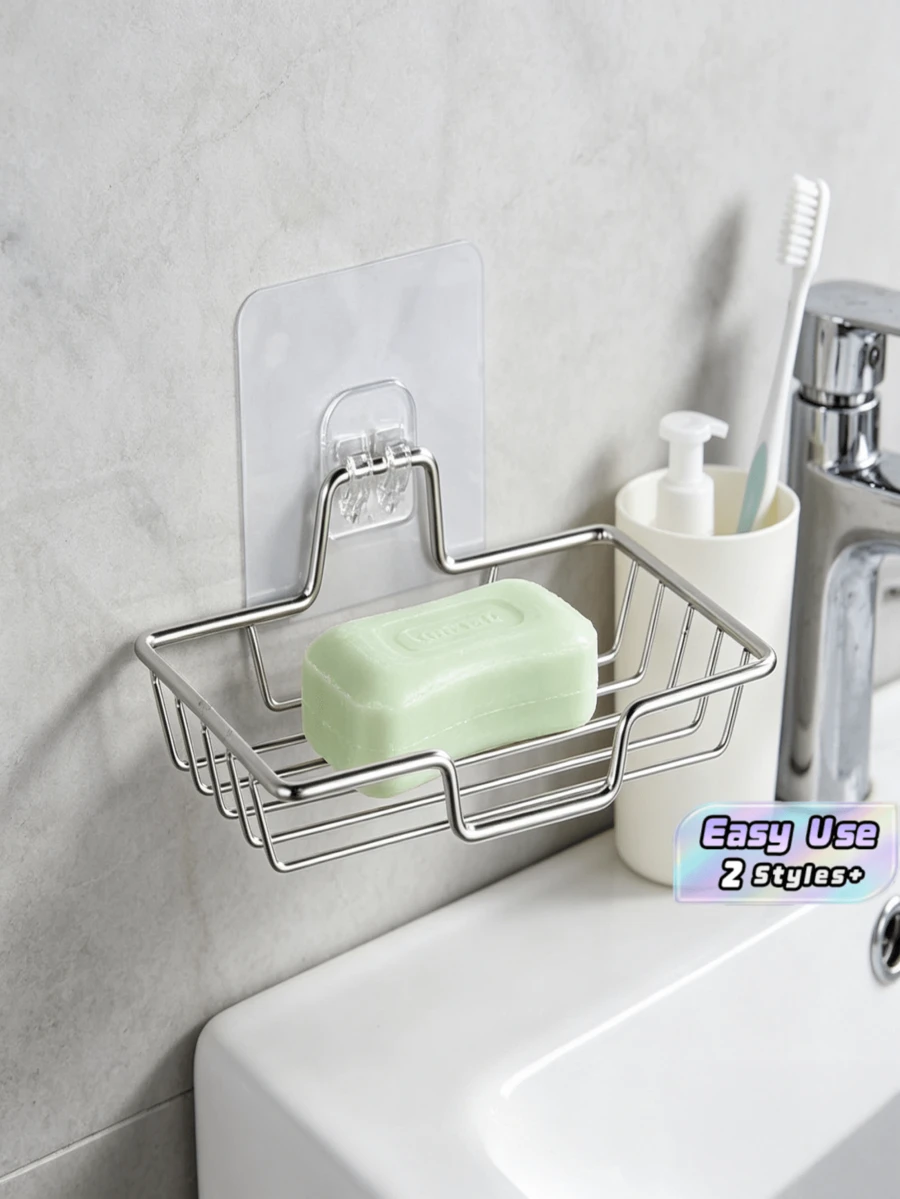 1Pc Wall Mounted Soap Rack No Punch Drainable Soap Dish Holder Anti Rust Soap Storage Organizer For Bathroom Sink Shower Kitchen Laundry Room Home Supplies - silver - View 1