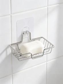 1Pc Wall Mounted Soap Rack No Punch Drainable Soap Dish Holder Anti Rust Soap Storage Organizer For Bathroom Sink Shower Kitchen Laundry Room Home Supplies - silver - View 2