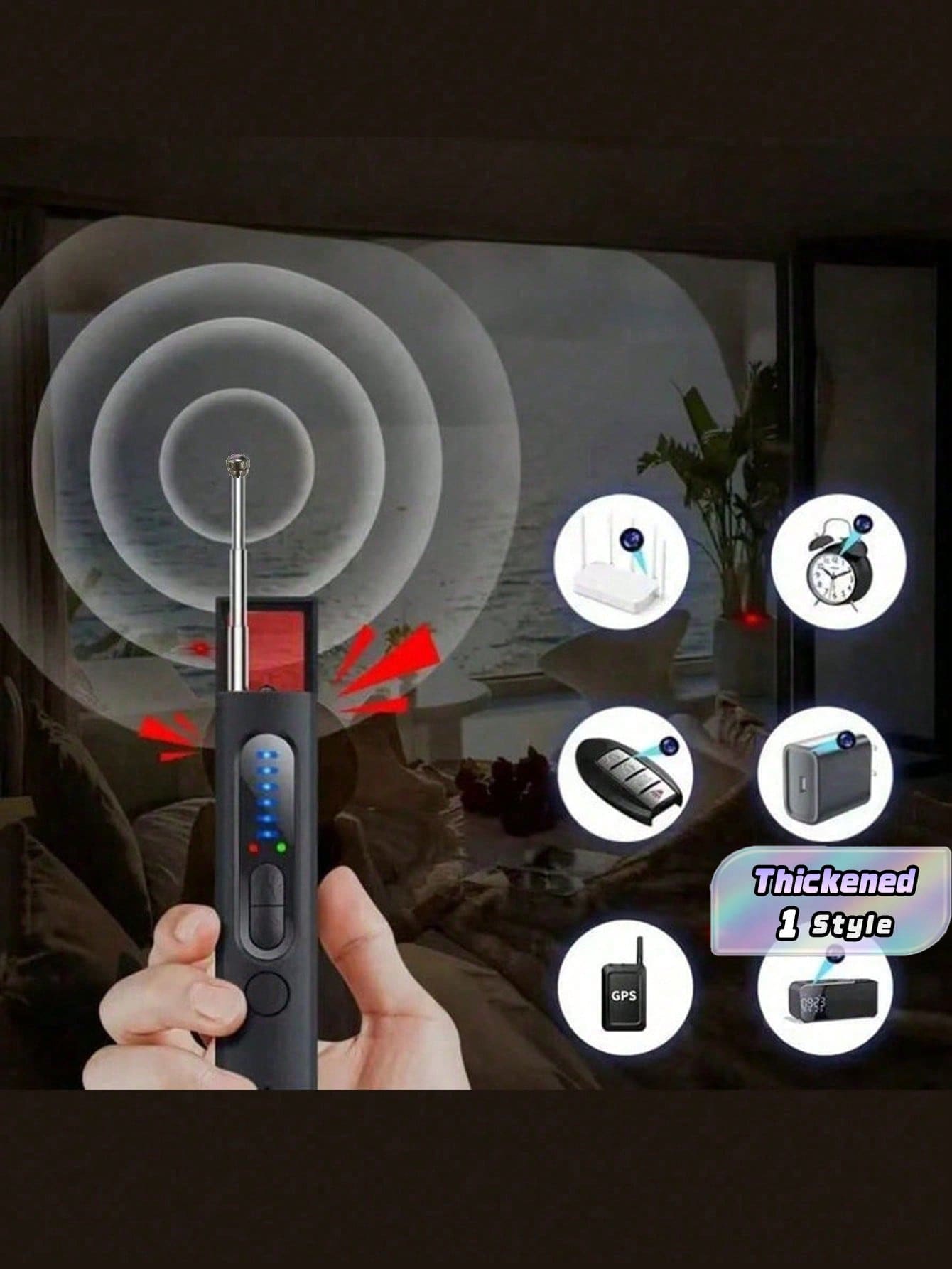 1PC Portable Camera Detector, Can Detect Hidden Cameras And GPS Trackers, Has 5-Level Sensitivity, Can Be Charged Through USB, And Is Suitable For Many Scenes Such As Cars, Indoor Houses, Hotels, Bathrooms, Travel, Offices, Etc. - Black - View 1