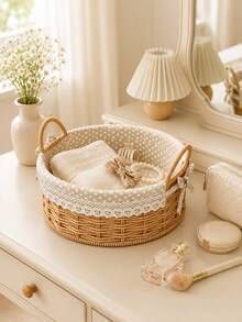 Cirelle Natural Woven Storage Basket With Lace Liner, Round Desktop Organizer Bin With Double Handles, Multi-Purpose Wicker Basket For Snacks, Cosmetics, Sundries, Entryway Storage - default - View 6